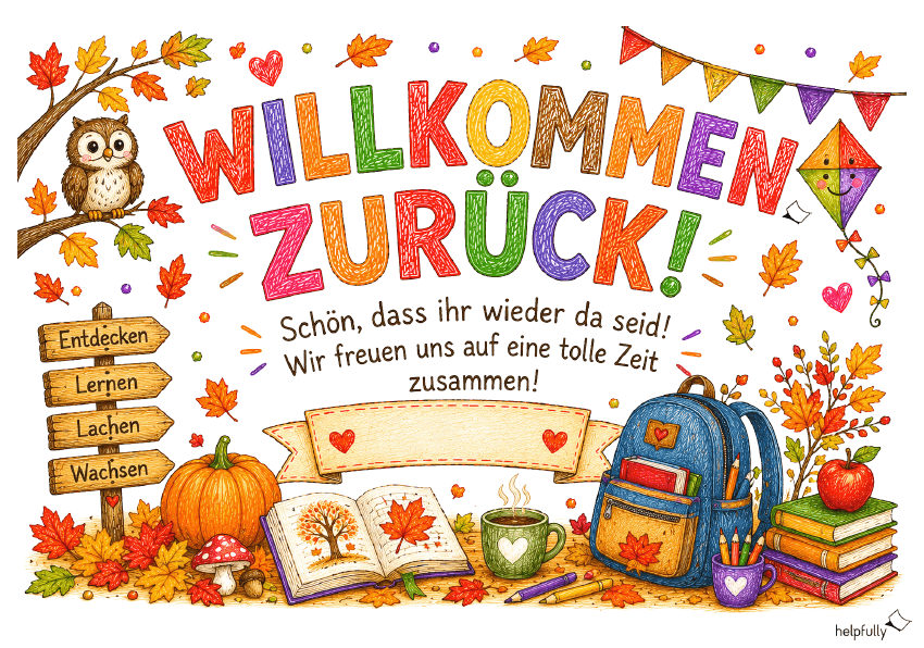 Plakat "Willkommen zurück" nach den Herbstferien zum Ausdrucken als gratis PDF für Schule, Kindergarten und Co
