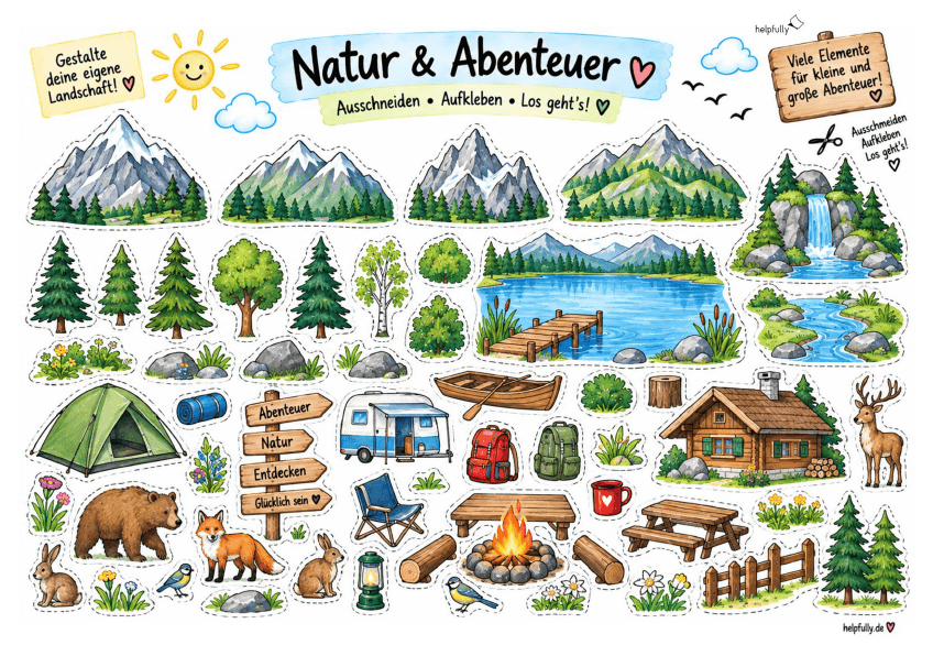 Ausschneidevorlage Natur & Abeneteuer zum Ausdrucken, Kleben und Basteln als gratis PDF