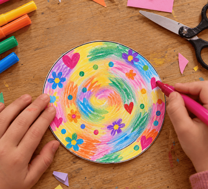 Papier vorab ausmalen, dann Spirale ausschneiden