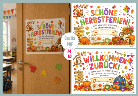 Schild für Kita und Schule: Schöne Herbstferrien und Willkommen zurück