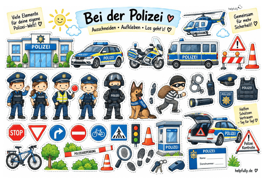 Ausschneidevorlage Polizei zum Ausdrucken, Kleben und Basteln als gratis PDF