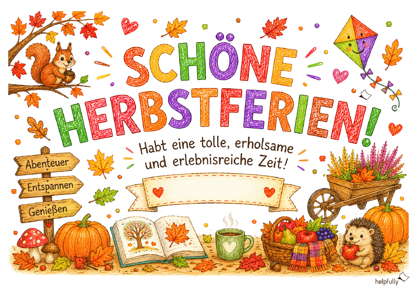 Plakat "Schöne Herbstferien" zum Ausdrucken als gratis PDF für Schule, Kindergarten und Co