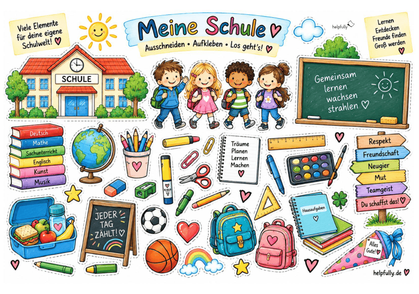 Ausschneidevorlage Schule zum Ausdrucken, Kleben und Basteln als gratis PDF