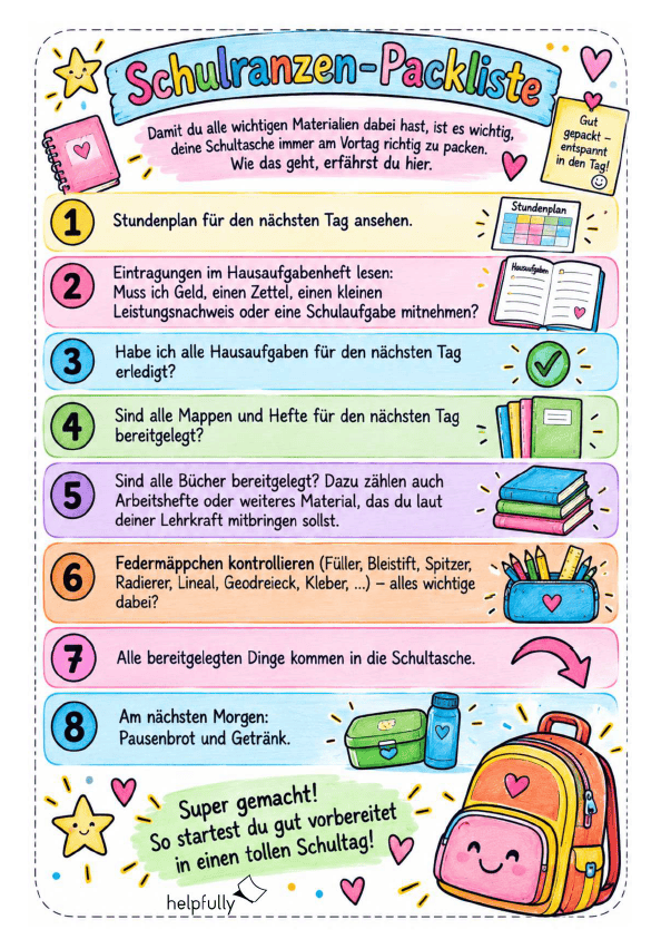 Schulranzen-Packliste für Kinder zum Ausdrucken, hier als gratis PDF