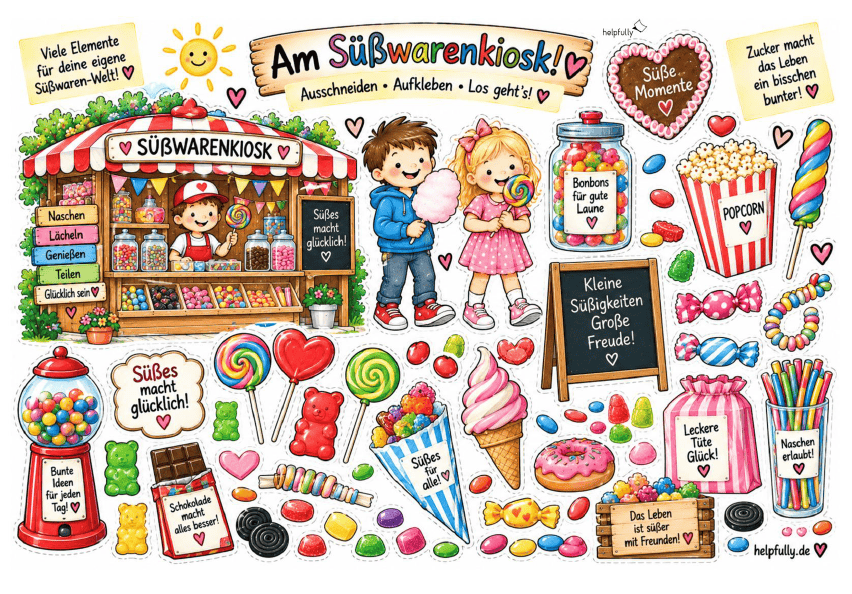 Ausschneidevorlage Süßwarenkiosk zum Ausdrucken, Kleben und Basteln als gratis PDF