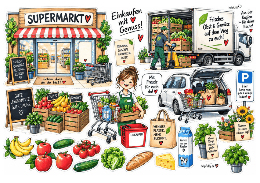 Ausschneidevorlage Supermarkt 2 zum Ausdrucken, Kleben und Basteln als gratis PDF