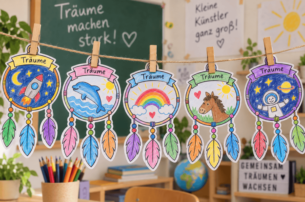 Bastelidee für die Grundschule: Traumfänger aus Papier als gratis PDF ausdrucken