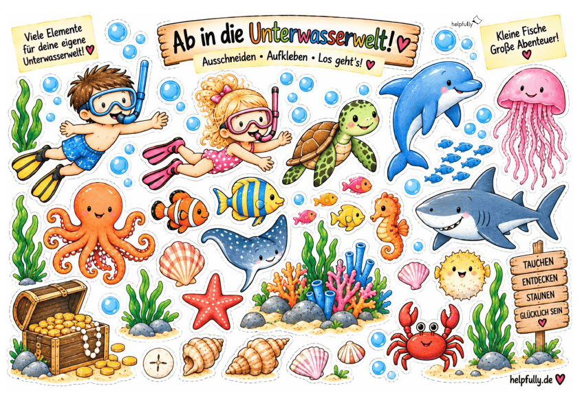 Ausschneidevorlage Unterwasserwelt zum Ausdrucken, Kleben und Basteln als gratis PDF