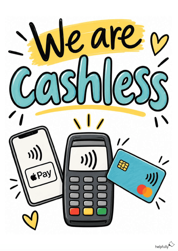 Vorlage zum Ausdrucken mit "We are cashless" für bageldlose Zahlung zum Ausdrucken