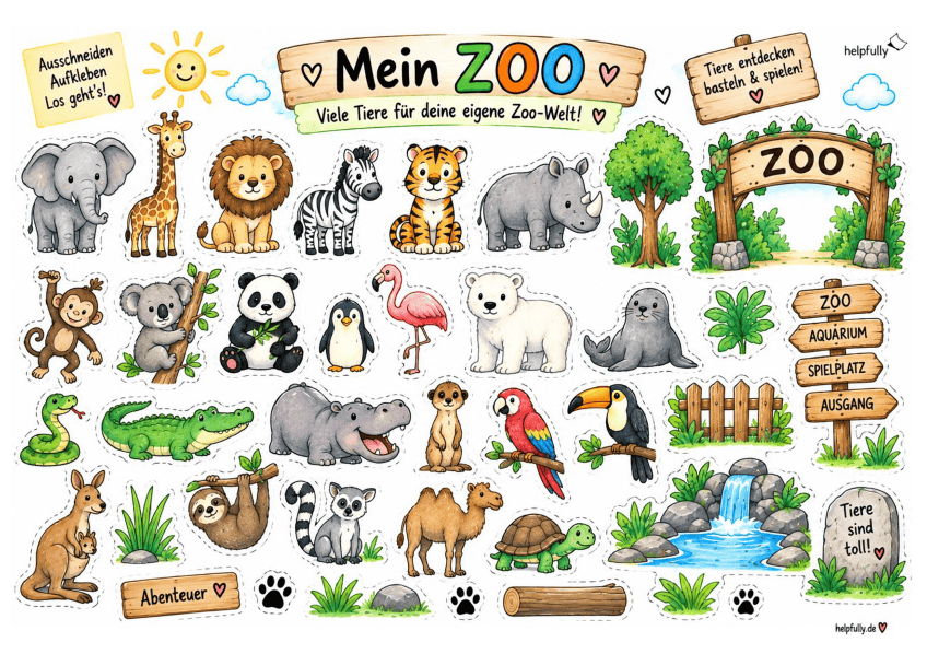Ausschneidevorlage Zoo zum Ausdrucken, Kleben und Basteln als gratis PDF