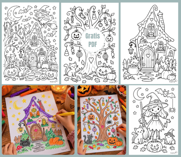 Super süße Halloween Malvorlagen mit Hexe, Hexenhaus und Süßigkeitenbaum gratis PDF