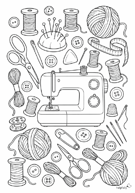 Ausmalbild mit Nähmaschine und Kurzwaren zum Ausdrucken als gratis PDF