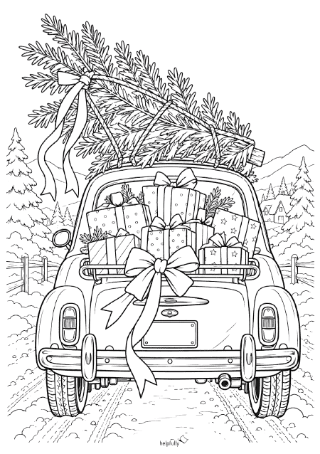 A4 Vorlage mit Oldtimer in Winterlandschaft, bepackt mit Baum und Geschenken