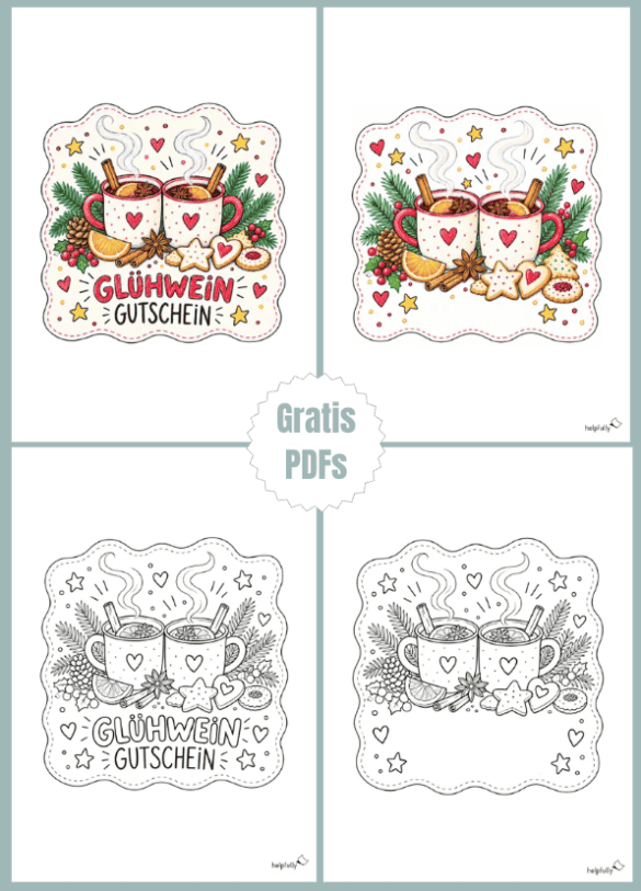 Bastelvorlage mit 4 Vorlagen für Glühwein Gutscheine und Einladungen für den Umtrunk im Winter