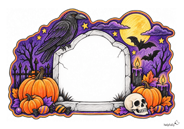 Buntes Deko-Schild mit Grabstein und Rabe für Halloween zum Ausdrucken