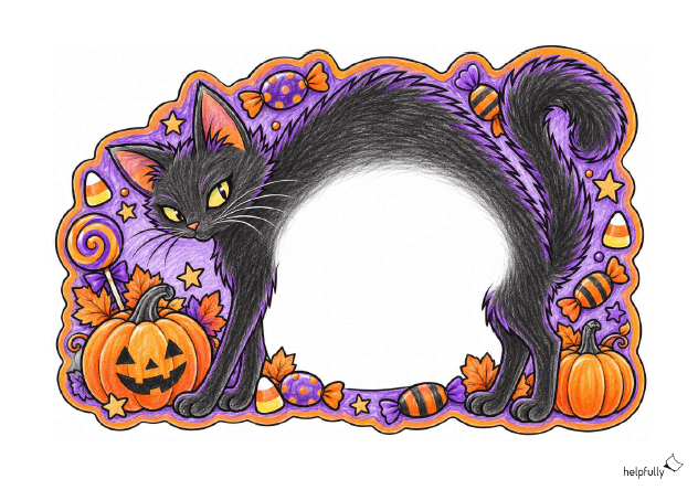 Buntes Deko-Schild mit großer Katze für Halloween zum Ausdrucken