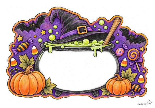 Buntes Deko-Schild mit großem Hexenkessel für Halloween zum Ausdrucken