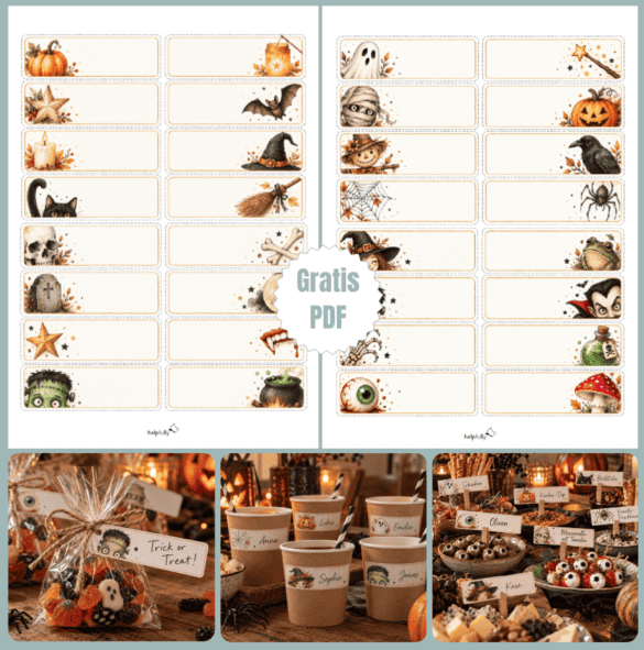 Kärtchen/Etiketten für Halloween zum Ausdrucken, 32 Halloweenmotive