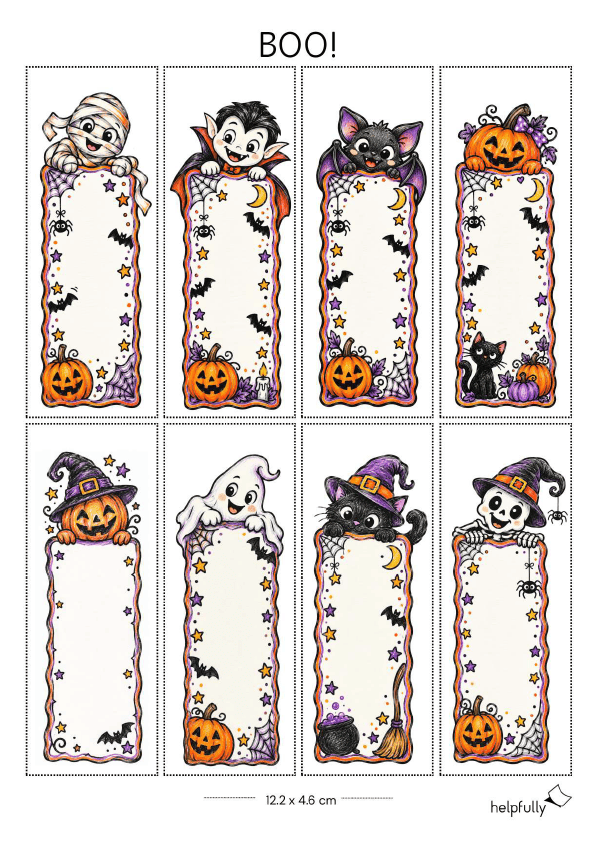 8 Schildchen mit süßen Halloween-Motiven zum Ausschneiden