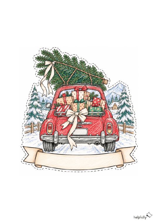 Vorlage zum Basteln von Weihnachtskarten, Gutscheinen - mit Winter-Oldtimer mit Geschenken und Baum