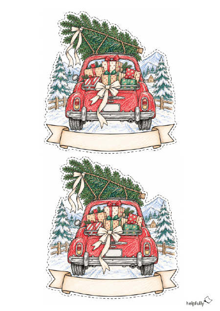 Weihnachtskarten, Platzkarten und Gutscheine basteln: Winter-Oldtimer im Weihnachtslook