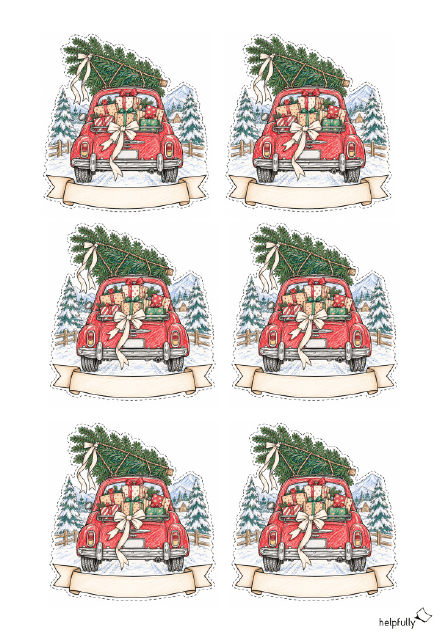 Vorlage zum Basteln von Weihnachtskärtchen, Anhänger und Etiketten mit Winter-Oldtimer mit Geschenken und Baum
