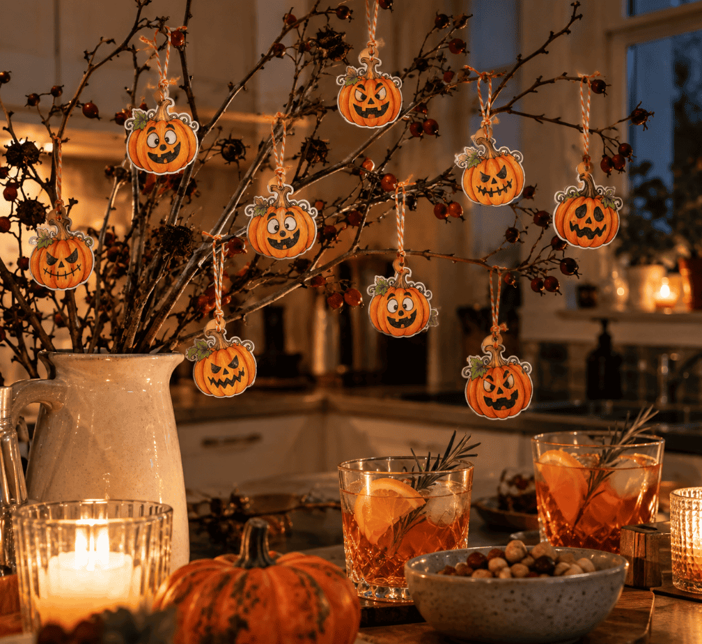 Papier-Deko für Halloween: Hier die kleinen Kürbisse als Anhänger am Zweig