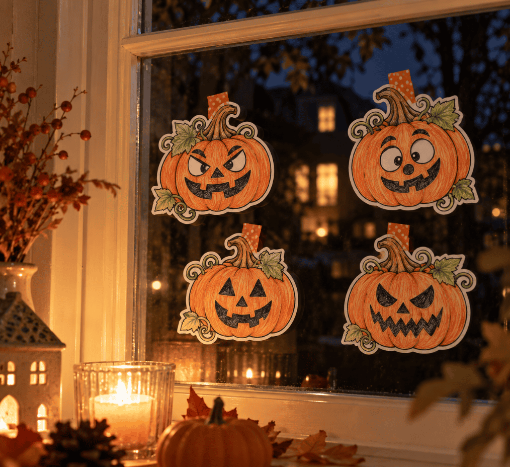 Papier-Deko für Halloween: Hier die Kürbisse als Fensterdeko geklebt