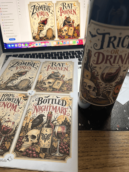 Ausgedruckte Halloween-Weinlabels mit gruseligen Motiven