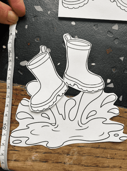 Bastelvorlagen zum herbst- und Winterbasteln mit Kindern: Gummistiefel und Pfützen, hier ausgeschnitten