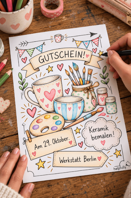 Keramik-Gutschein basteln geht mir der DIY-Vorlage zum Ausdrucken toll
