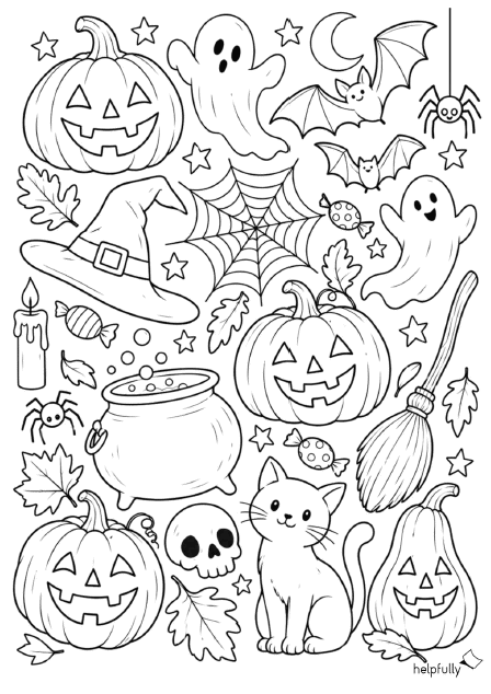 Süßes Ausmalbild zu Halloween als gratis Vorlage zum Ausdrucken