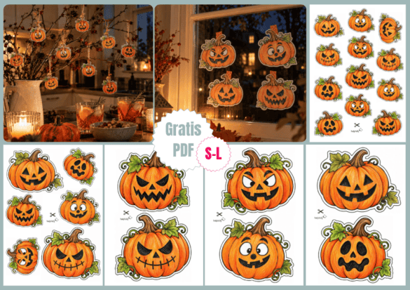 Kürbisse mit verschiedenen Gesichtern als Halloween-Deko zum Ausdrucken