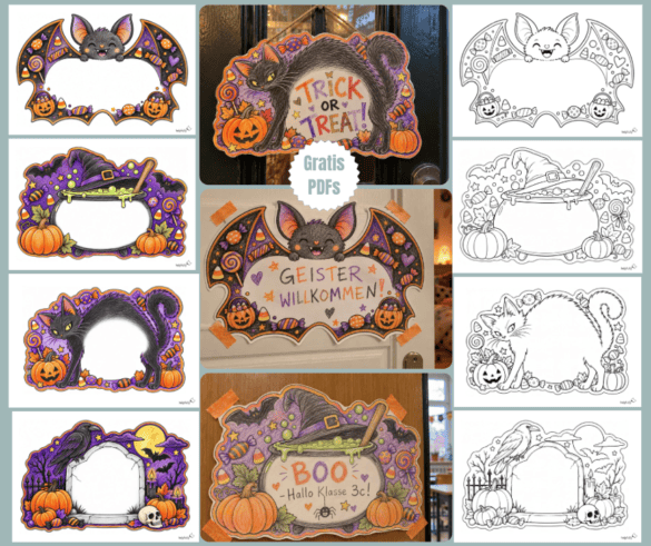 Deko-Schilder für Halloween, bunt und schwarz-weiß zum Ausdrucken
