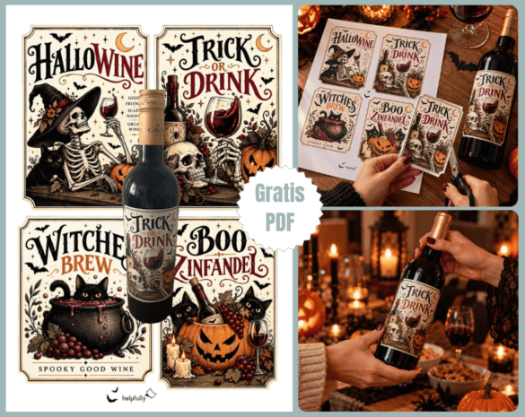 Weinetiketten mit Halloween-Motiven zum Ausdrucken als gratis PDF