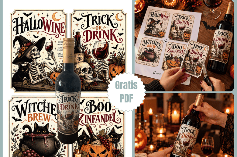 Weinetiketten mit Halloween-Motiven zum Ausdrucken als gratis PDF