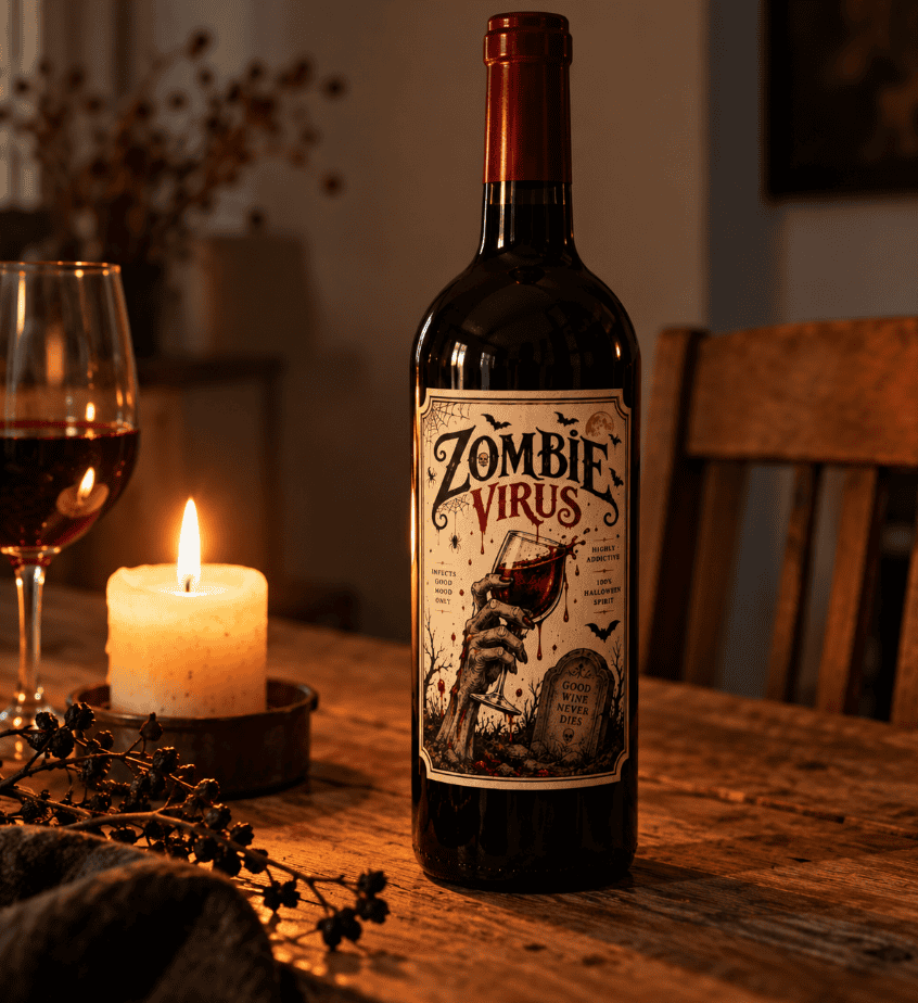 Coole Geschenkidee zu Halloween: Weinflasche mit selbstgemachtem Grusel-Etikett