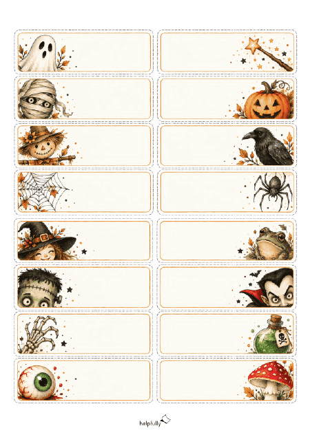 16 Etiketten-Kärtchen zum Becshriften mit Halloweenmotiven, zum Ausdrucken