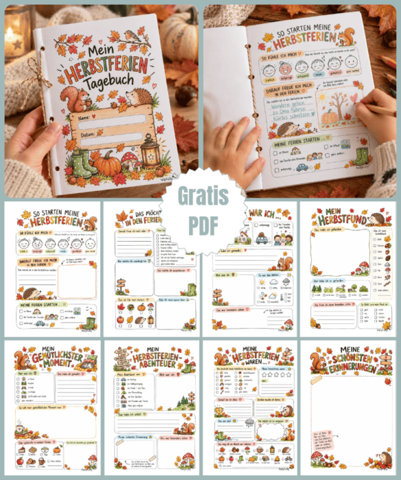 Für die Herbstferien von Kindern: DIY Bastel-Heft zum Ausdrucken und Ausfüllen als Tagebuch