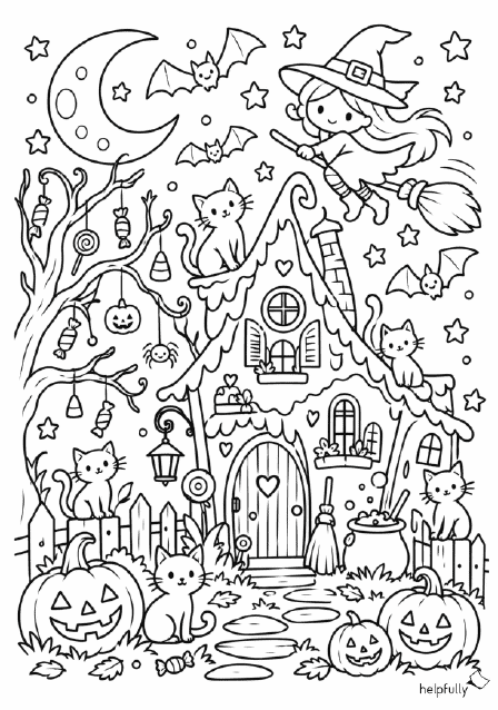 Halloween: Hexenhaus und viel Schabernack zum Ausmalen als gratis PDF