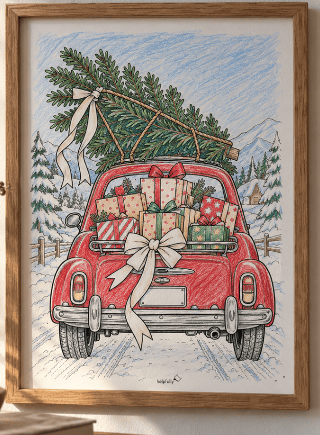 Malvorlage Oldtimer im Winterlook als Wanddeko zur Weihnachtszeit