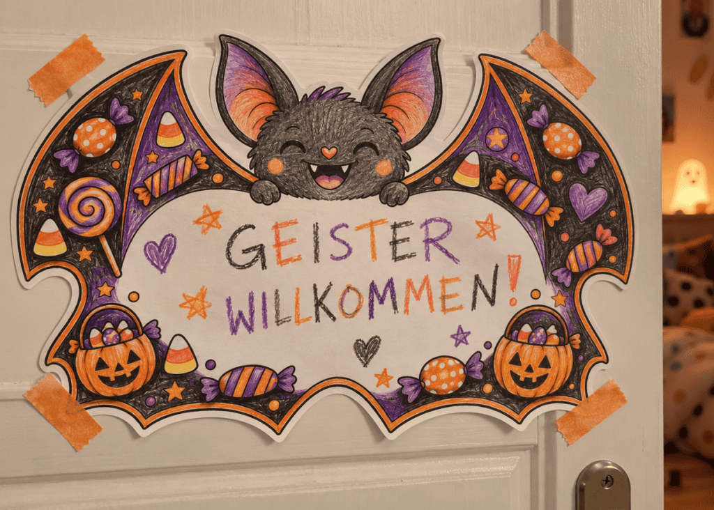 Auch an der Kinderzimmertür toll: Halloween-Deko-Schild, hier mit Fledermaus und Freifläche zum Beschreiben