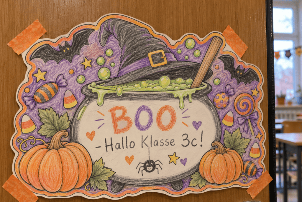 Auch in der Schule an der Tür toll: halloween-Deko-Schild, hier mit Hexenkessel und Freifläche zum Beschreiben