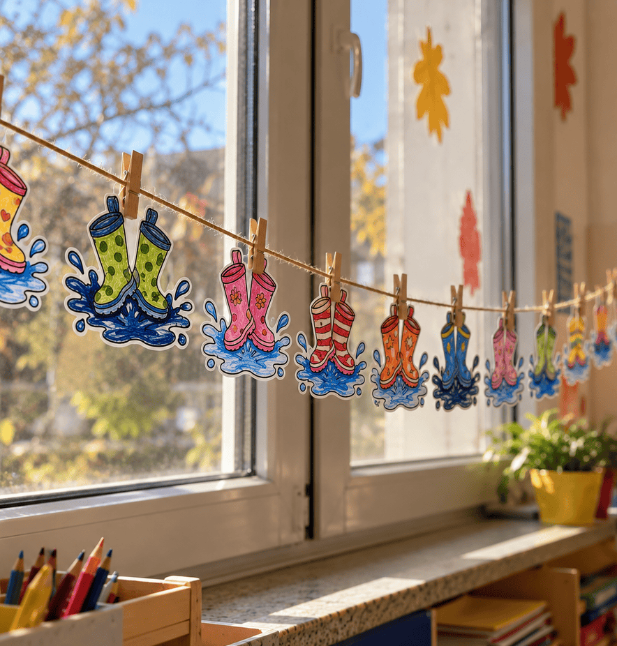Girlande aus Gummistiefel und Pfützen im Klassenzimmer am Fenster