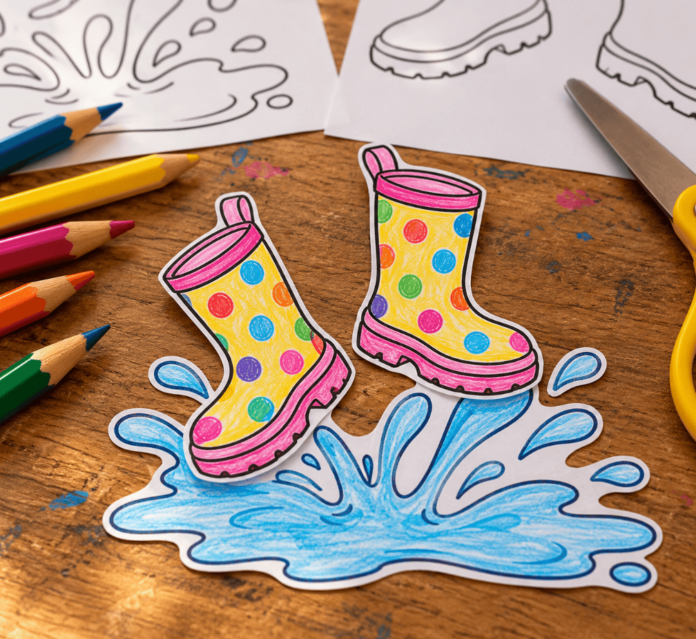 Bunt angemalte Gummistiefel und blaue Pfütze - mit der Bastelvorlage