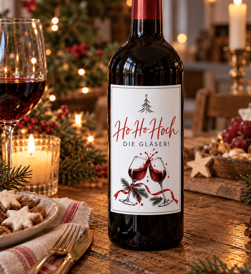 Das Weinlabel HO HO HOCH die Gläser auf Rotweinflasche