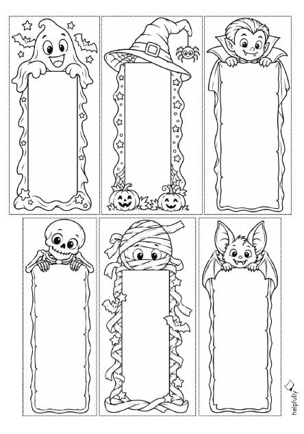 Lesezeichen zum Ausdrucken, Ausmalen und Ausschneiden mit 6 Halloween-Motiven für Kinder