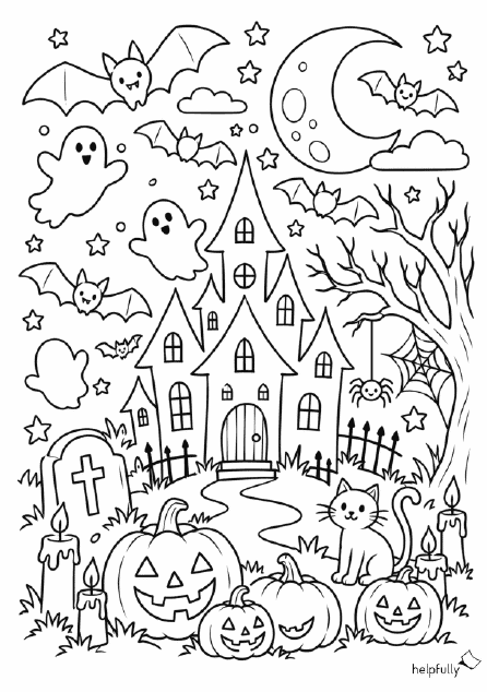 Süßes Ausmalbild für Halloween mit Spukschloss