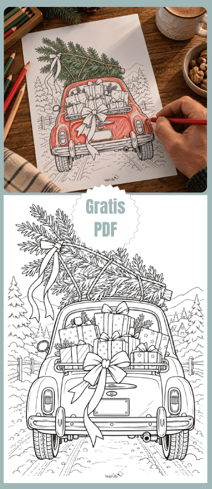 Ausmalbild mit Oldtimer auf Winterstraße, Baum auf dem Dach und Geschenken im Gepäck