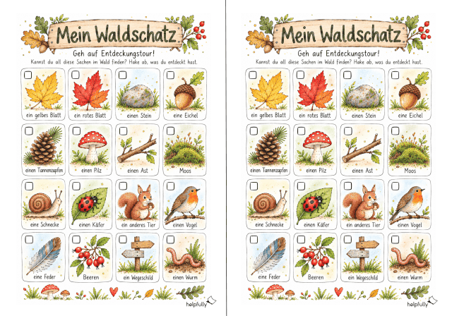 Checkliste für die Schatzsuche im Wald mit zuckersüßen Motiven für Kinder!